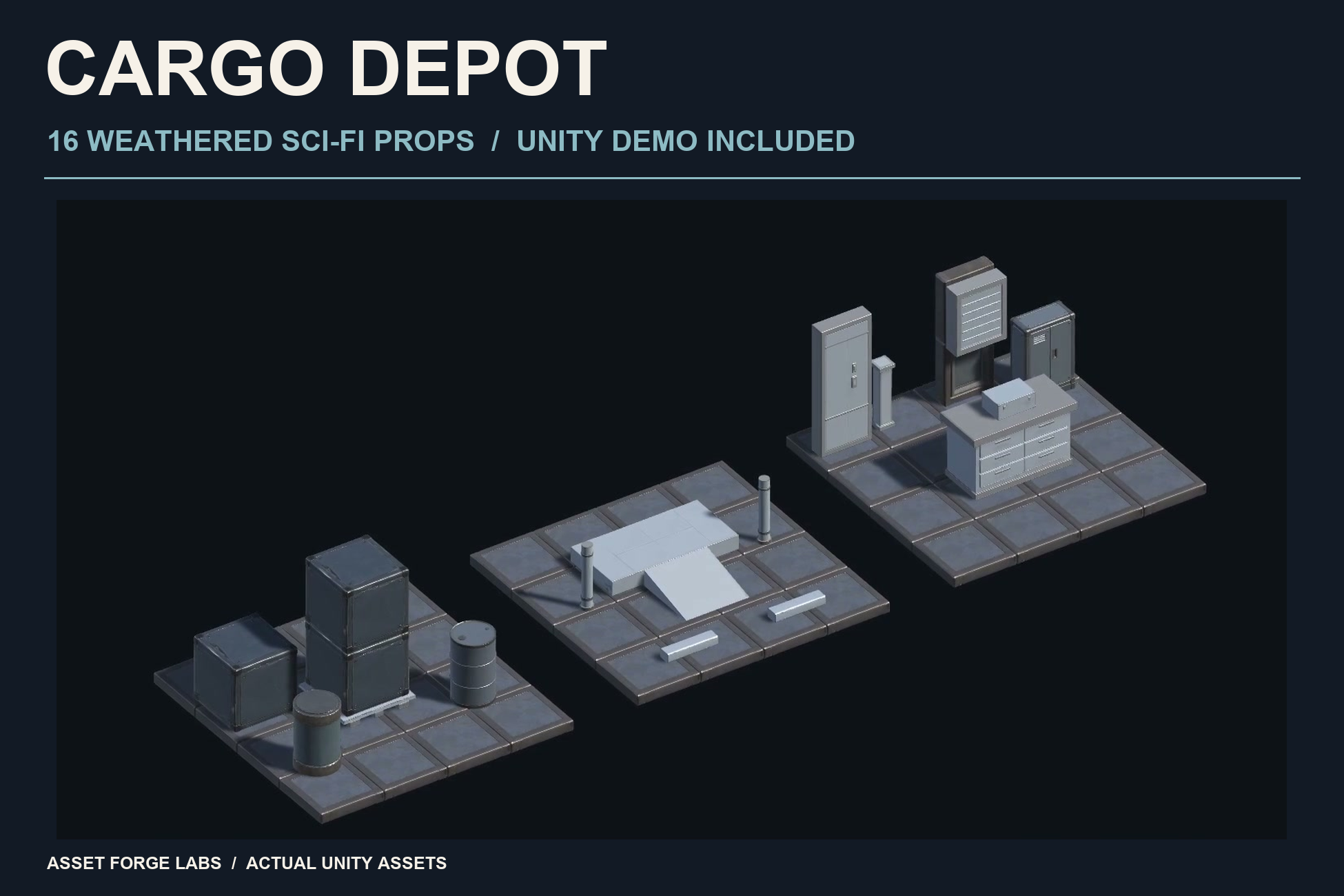 Sixteen Cargo Depot props arranged into industrial storage, loading and maintenance scenes