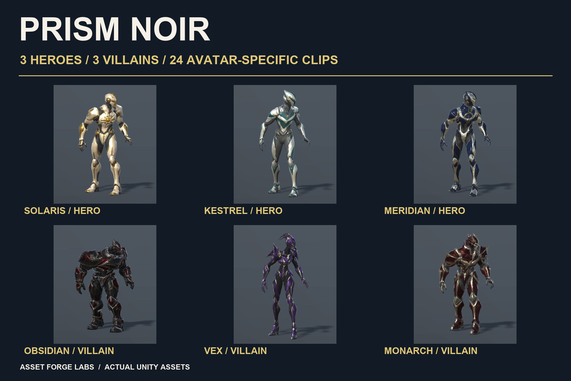 Prism Noir cast: Solaris, Kestrel, Meridian, Obsidian, Vex and Monarch